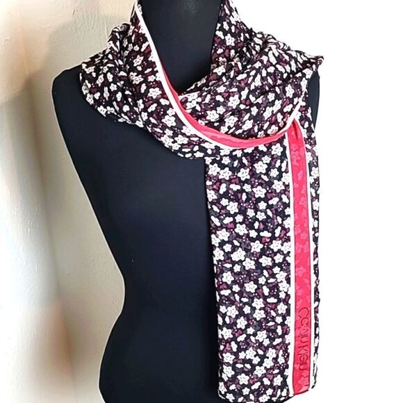 Calvin Klein Chiffon Scarf, Black & Maroon w/White Flowers, Pink Stripe, 60x24 - Picture 4 of 5